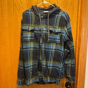 Plaid Hooded Shirt with Blue and Yellow Stripes